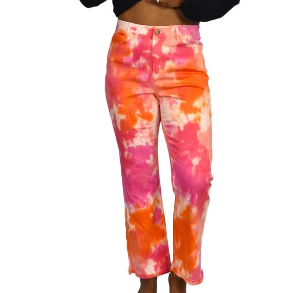 Trina Turk Tour Guide Jeans Pink Orange Tie Dye High Waist Straight Pant Size 2 - Picture 11 of 16
